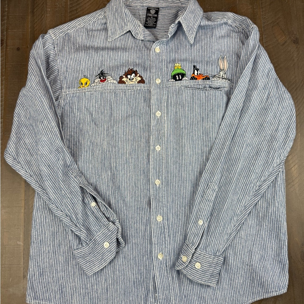 Warner Bros Embroidered Looney Tunes Blue and White Button Down Shirt